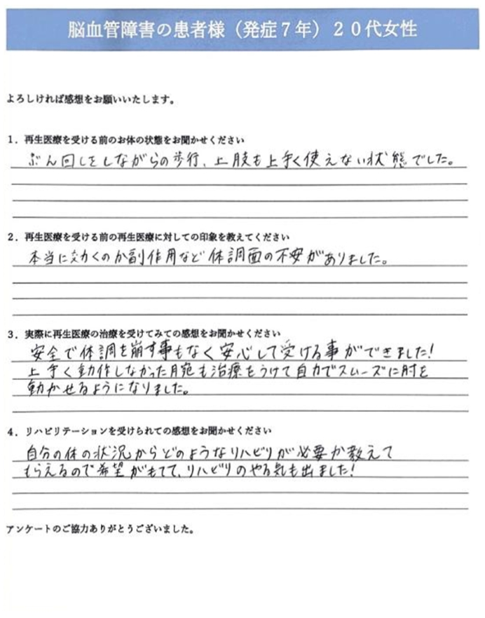 脳血管障害の患者様（発症7年） 20代女性